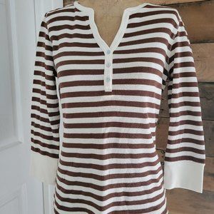 Chicos Thermal Henley Top Shirt Brown White Stripes Sz 0 Small